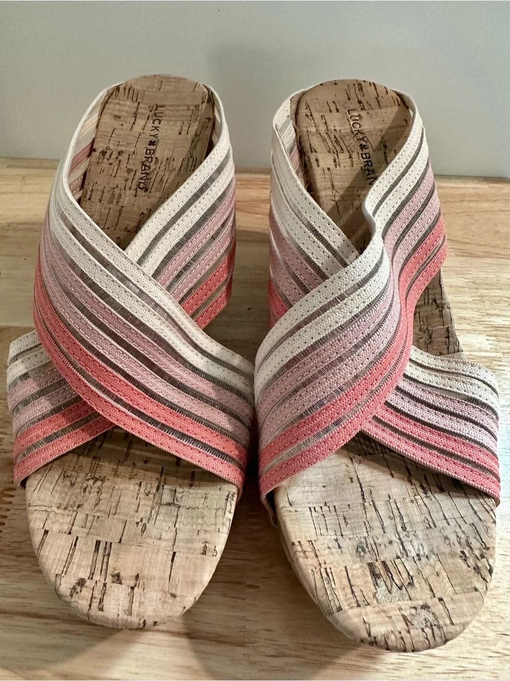 Striped Coral & Cream Cork Wedge Sandals